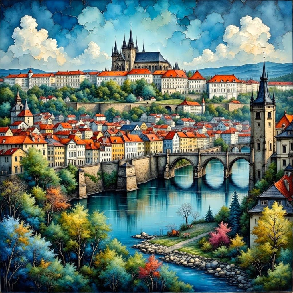 Prague Old Town and Castle Impasto Painting