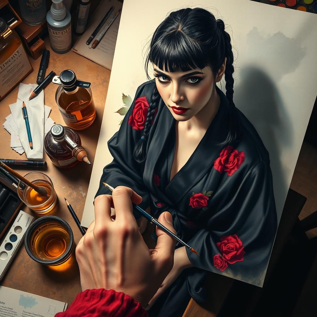 Artist Painting Wednesday Addams Portrait as Splash Art