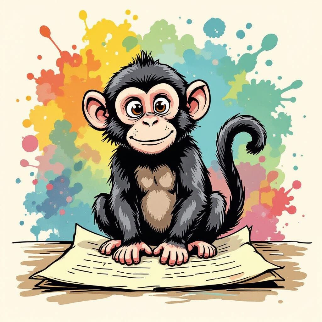 Whimsical Monkey on Parchment, Vibrant Ink Splash Background