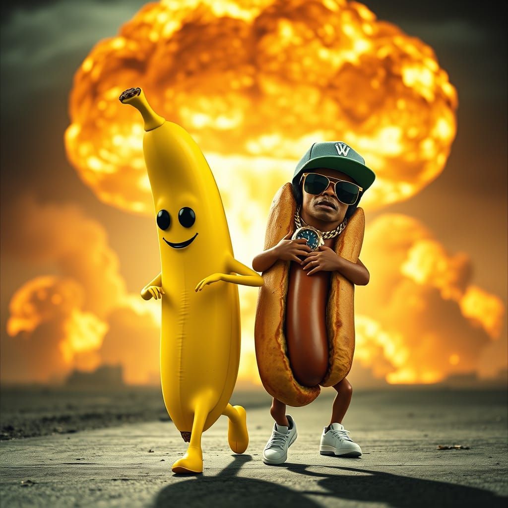 Vibrant Yellow Banana and Bratwurst Duo Stroll Away from Nuc...