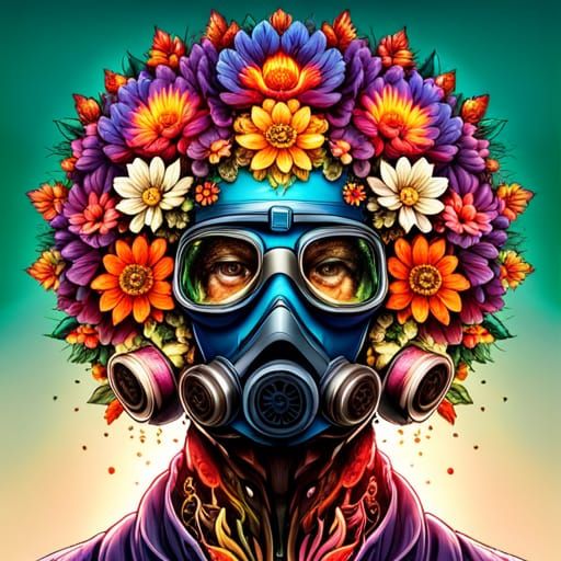 Cyberpunk Gas Mask Man Made of Flowers