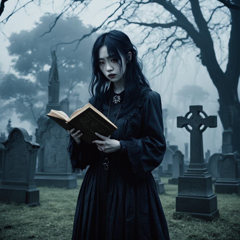 Gothic Woman in Graveyard: Anime-Inspired Horror