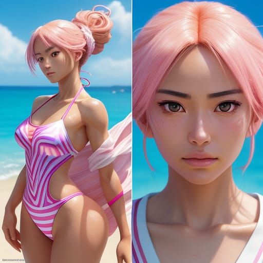 Stunning Anime Girl in Vibrant Swimsuit on Sun-Kissed Beach