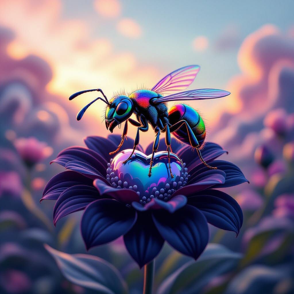 Rainbow Ant on Heart Flower in Splash Art Style