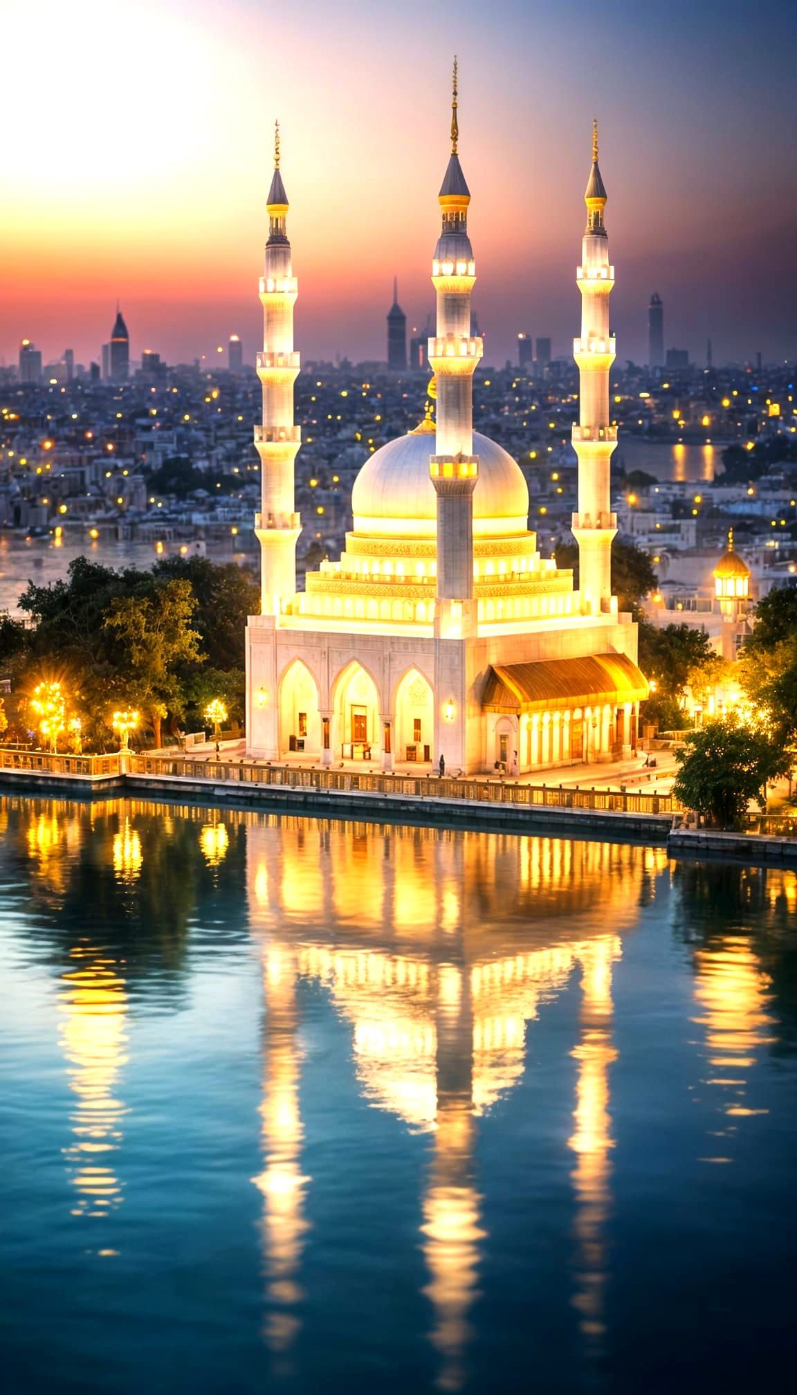 Ethereal Mosque at Dusk in Vibrant Neon