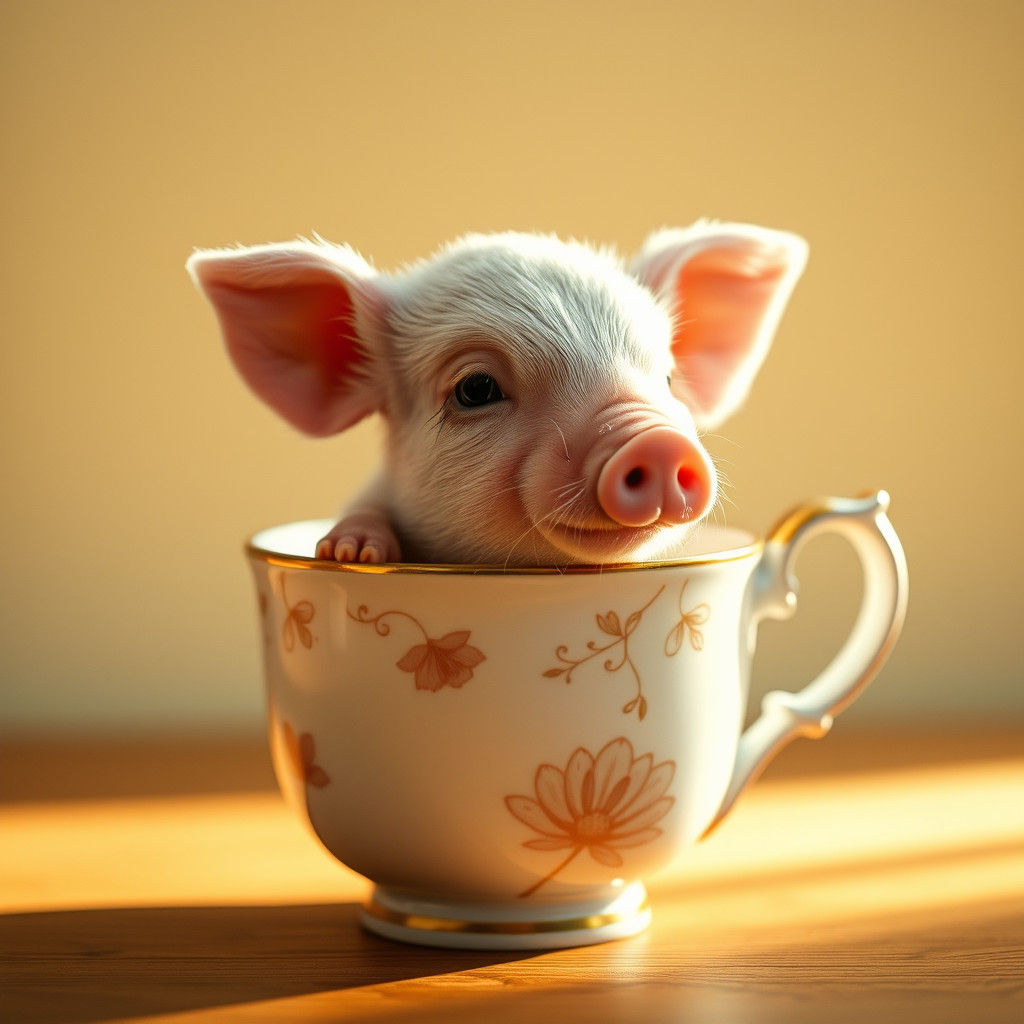 Tiny Piglet in China Cup: Photorealistic Still Life
