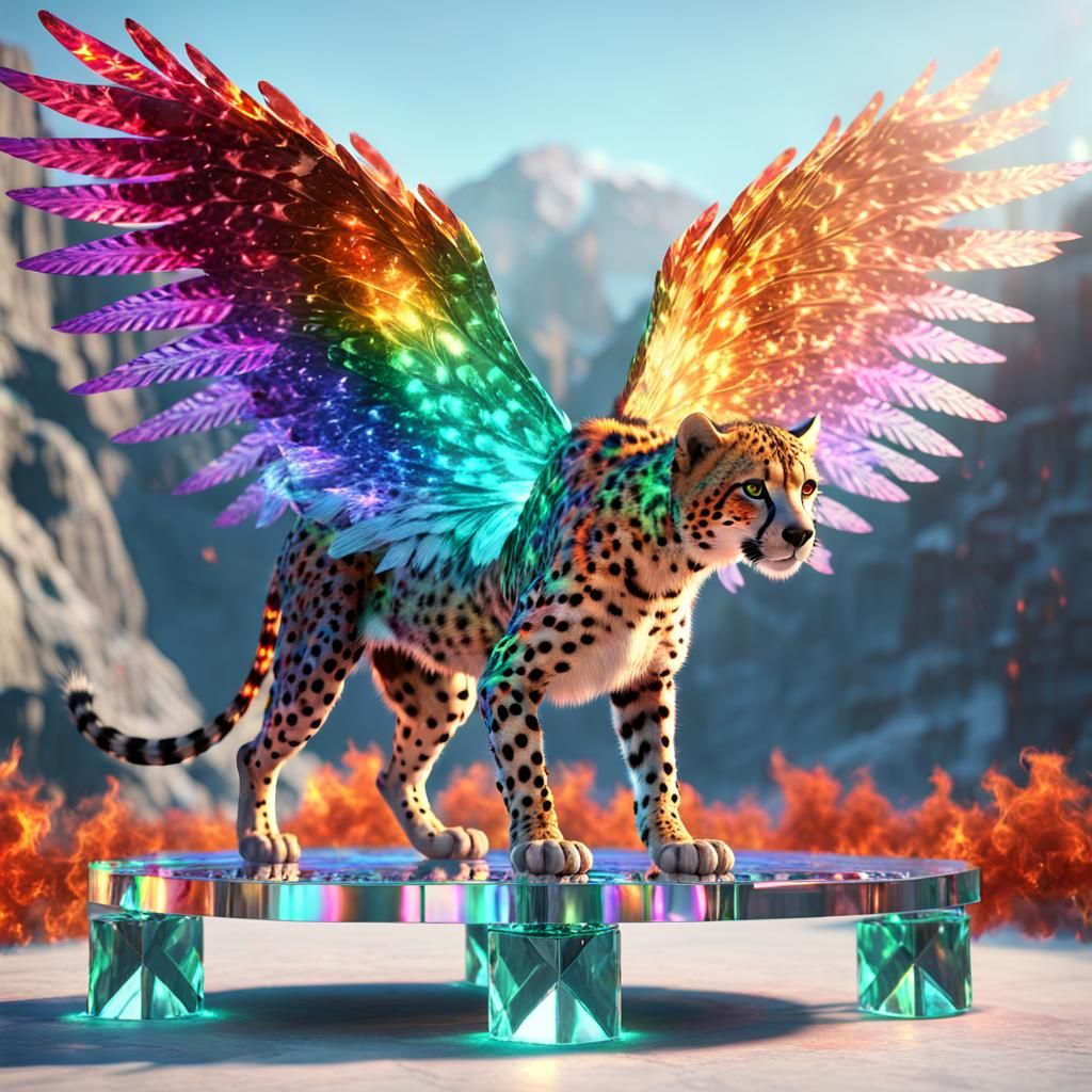 Fiery Rainbow Cheetah with Wings and Crystal Wheels