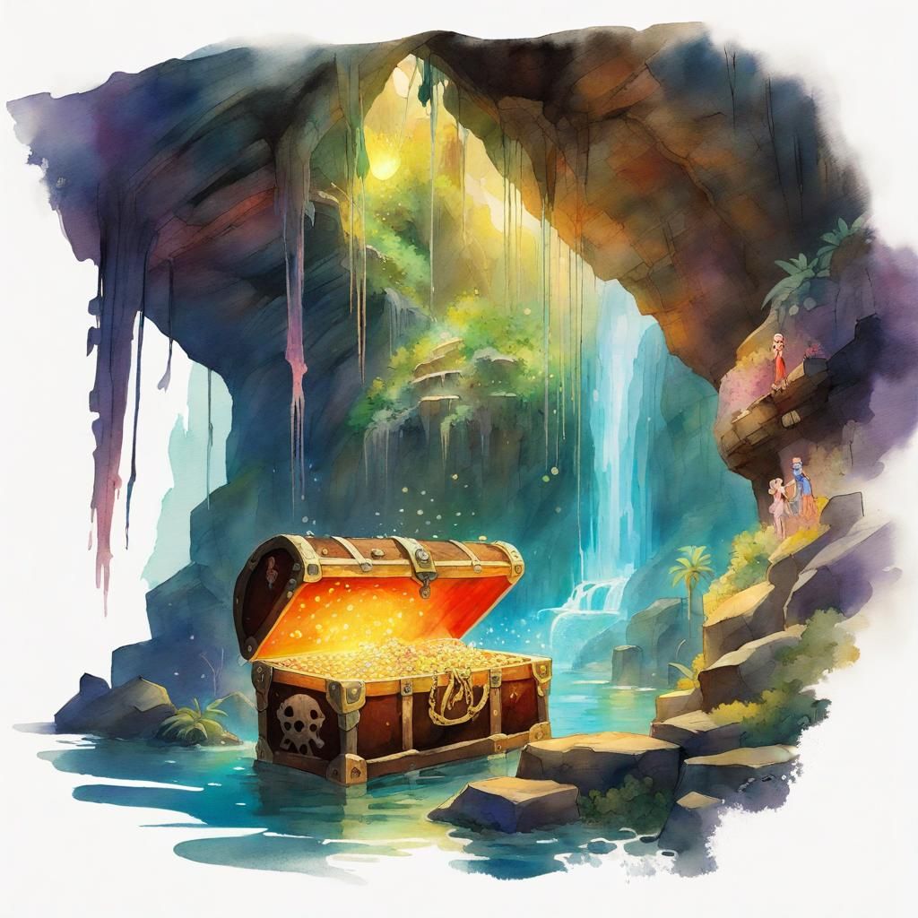 Hidden Pirate Cave with Waterfall in Watercolor Style