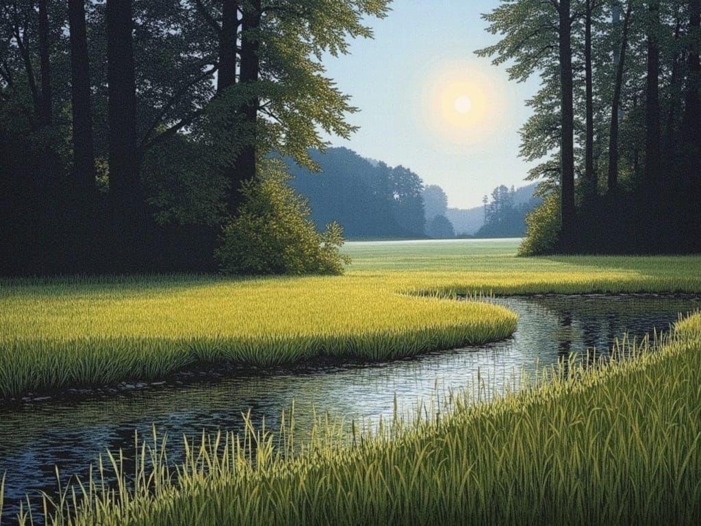 Sunlit Valley and Forest in Watercolor Style