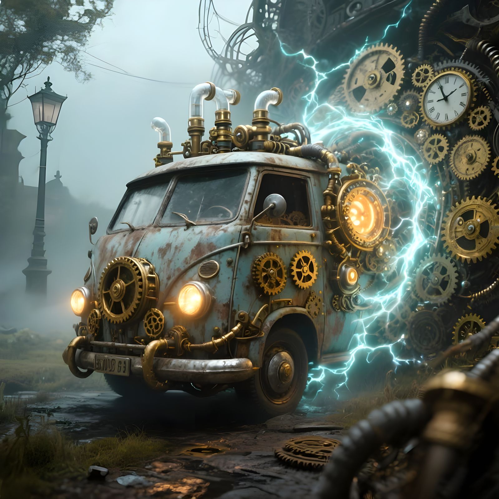 Steampunk Van Materializing Through Temporal Portal