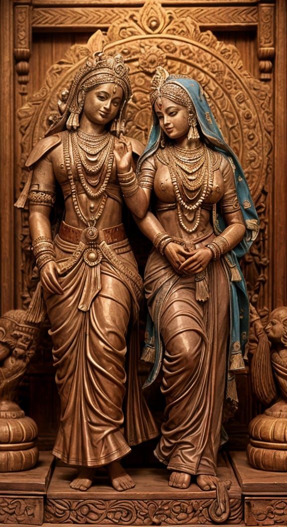 Intricate Teak Wood Statue of Krishna and Radhe in Romantic ...
