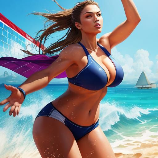 Hyperrealistic Beach Volleyball Player in Splash Art Style