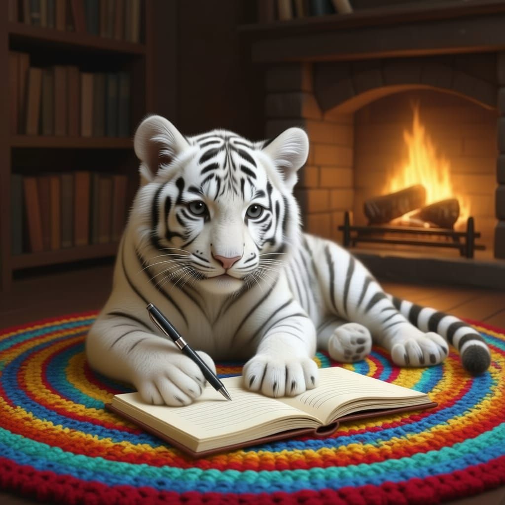 Tiger Cub Writing Stories in Cozy Den
