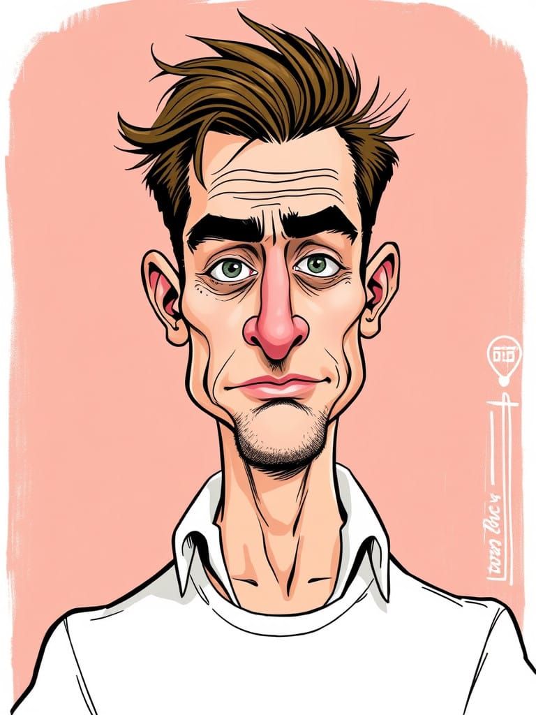 Caricature Man with Large Head and Small Body, Linear Art, U...