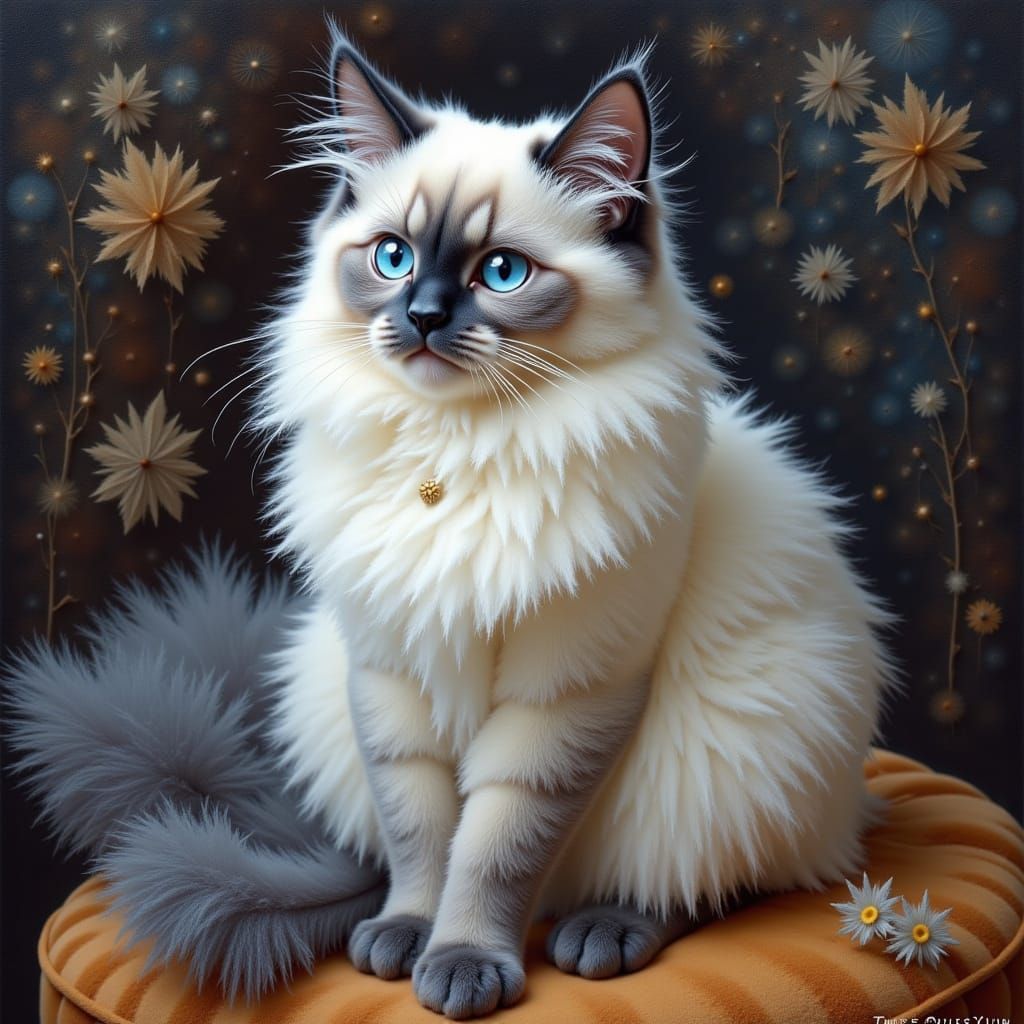 Fluffy Ragdoll Cat on Velvet Cushion