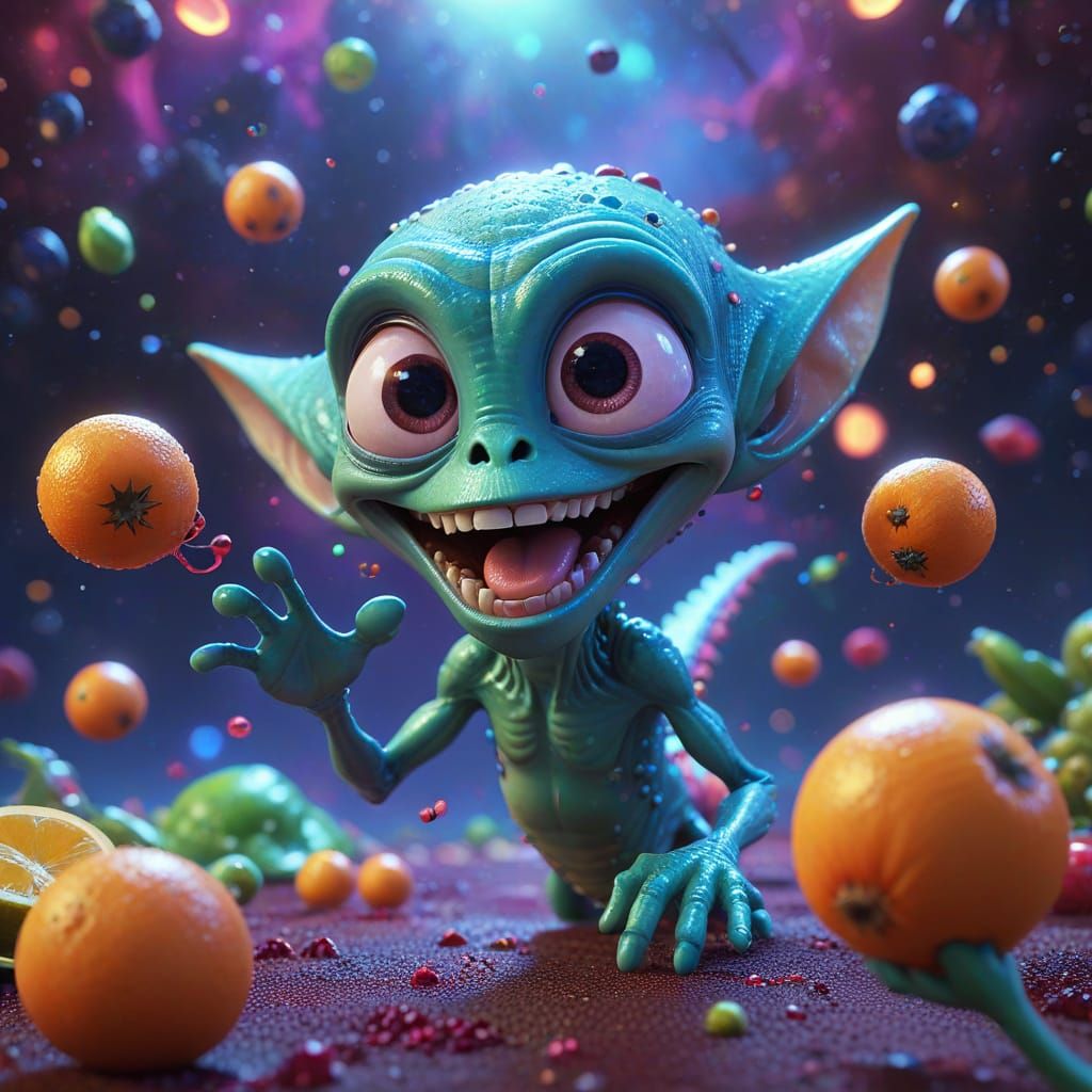 Goofy Alien Juggles Space Fruit in Vibrant 3D Cartoon Style