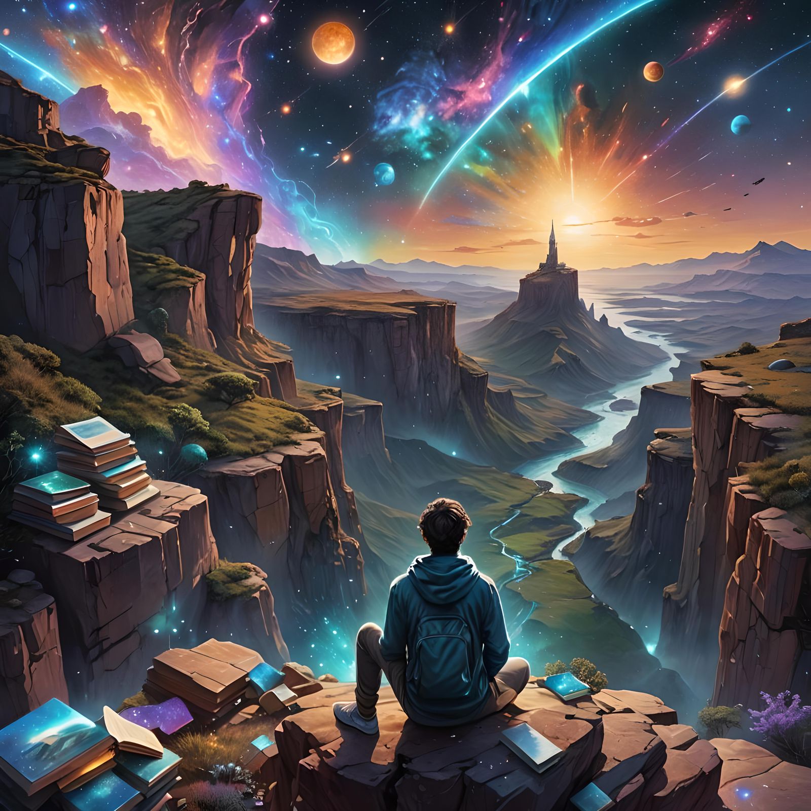 Galactic Cliffside Contemplation in Mixed Media Style