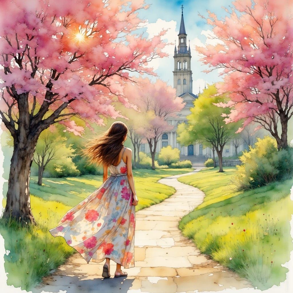 Floral Dress on Sun-Drenched College Quad, Painterly Style