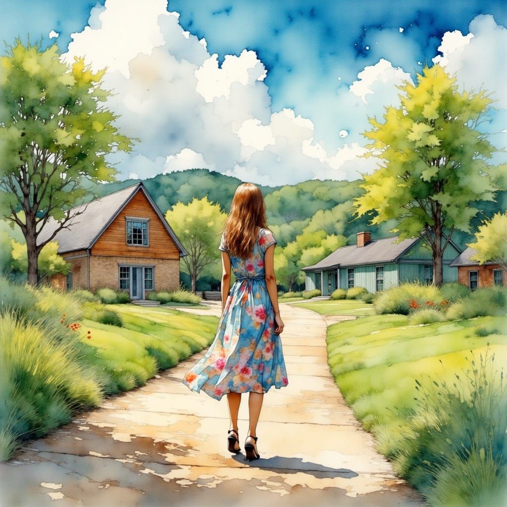 Blonde Woman in Floral Dress: Watercolor Painting