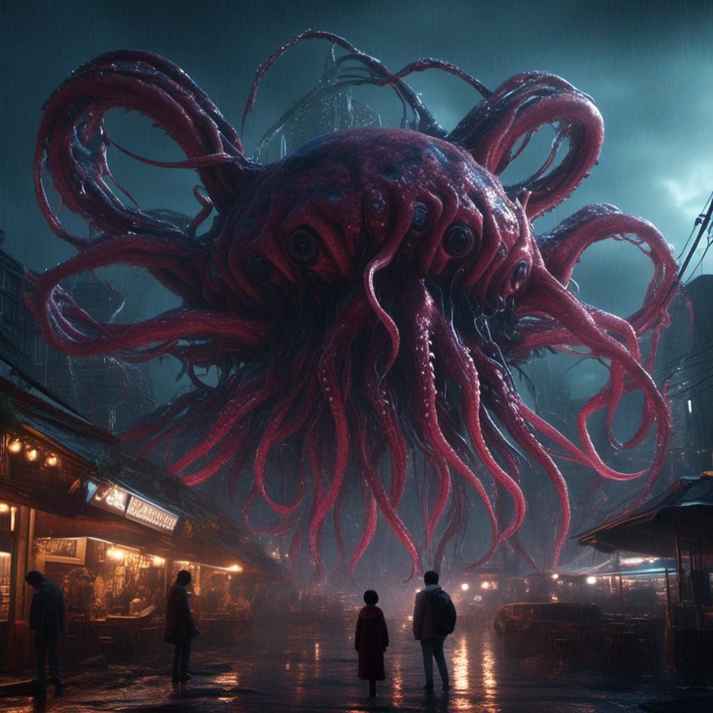 Cyberpunk Clash: Tentacles and Alien Limbs in Stormy Ambianc...