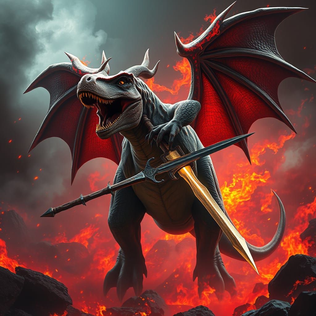 T Rex Hybrid with Devil Wings and Excalibur Sword in a Fiery...