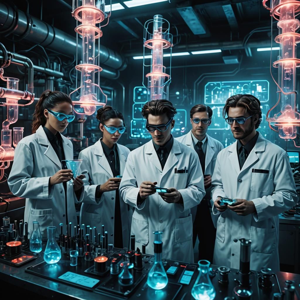 Futuristic Scientists in Cyberpunk Lab