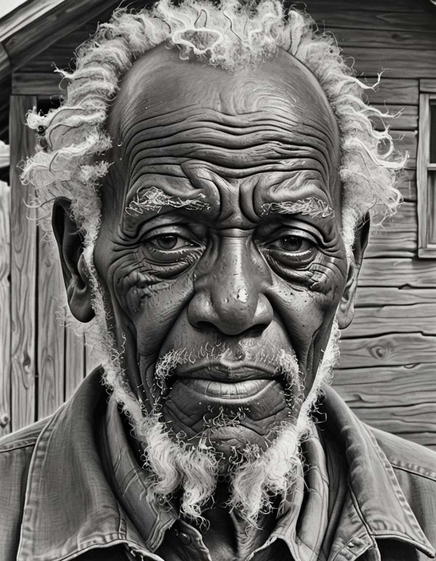 storyboard frame, a closeup line pencil drawing portrait of a blind elderly black man detailed face with crinkles around...