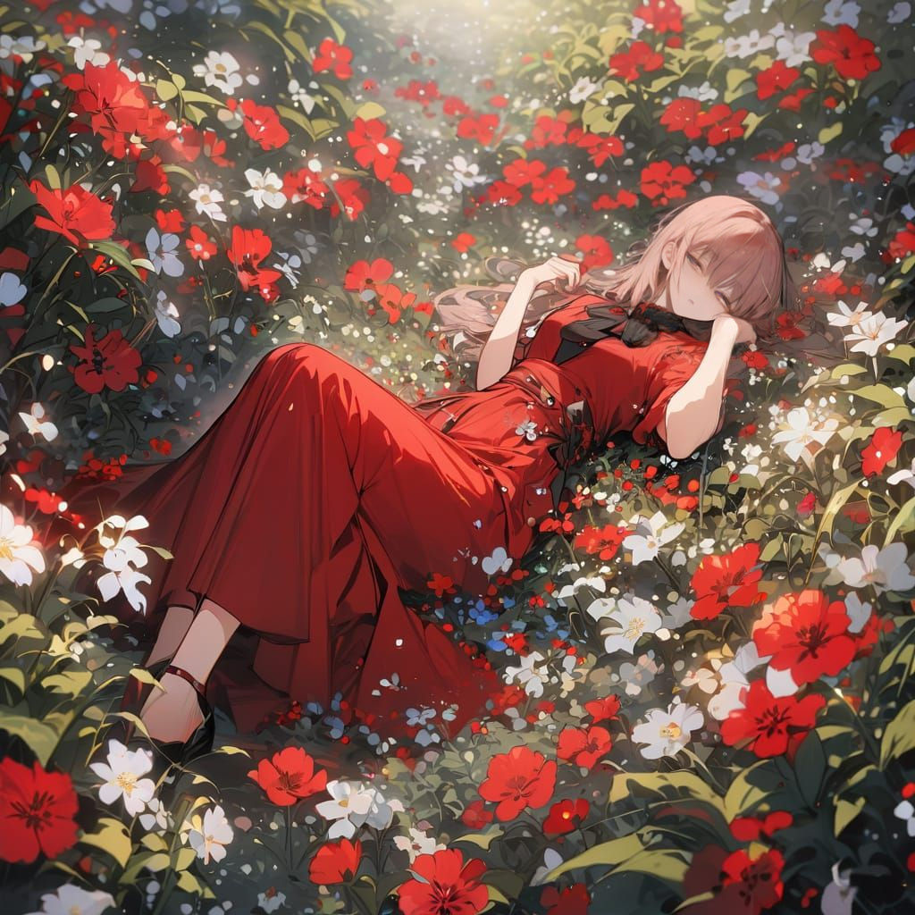 Anime Goddess Blooms in Scarlet Splendor