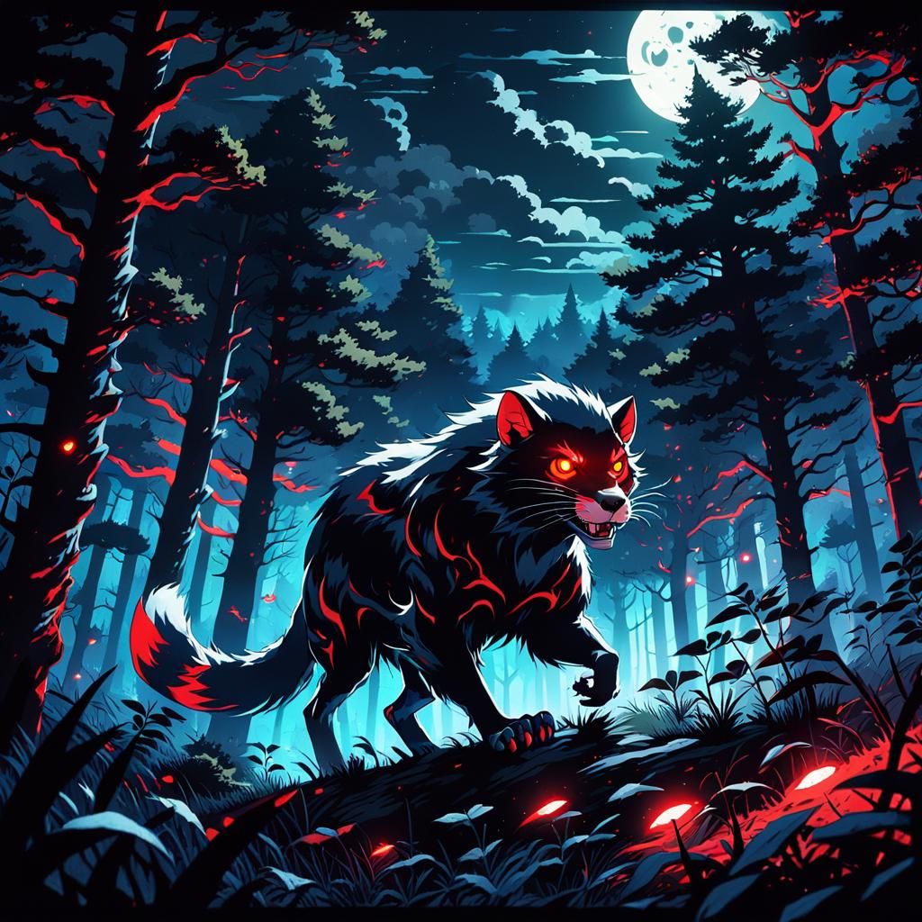 Demonic Weasel Stalks Forest in Anime Style