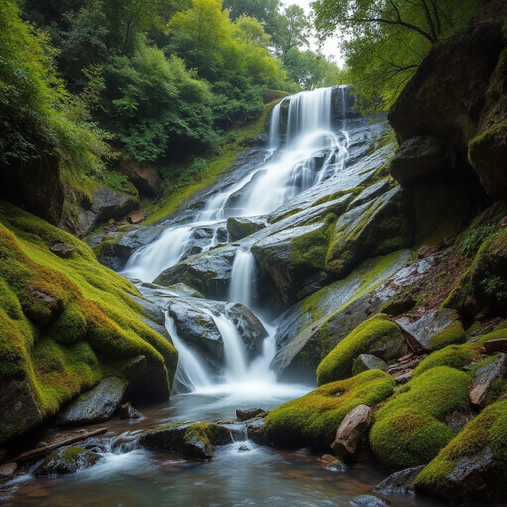 Photorealistic Waterfall Surrounded by Lush Greenery