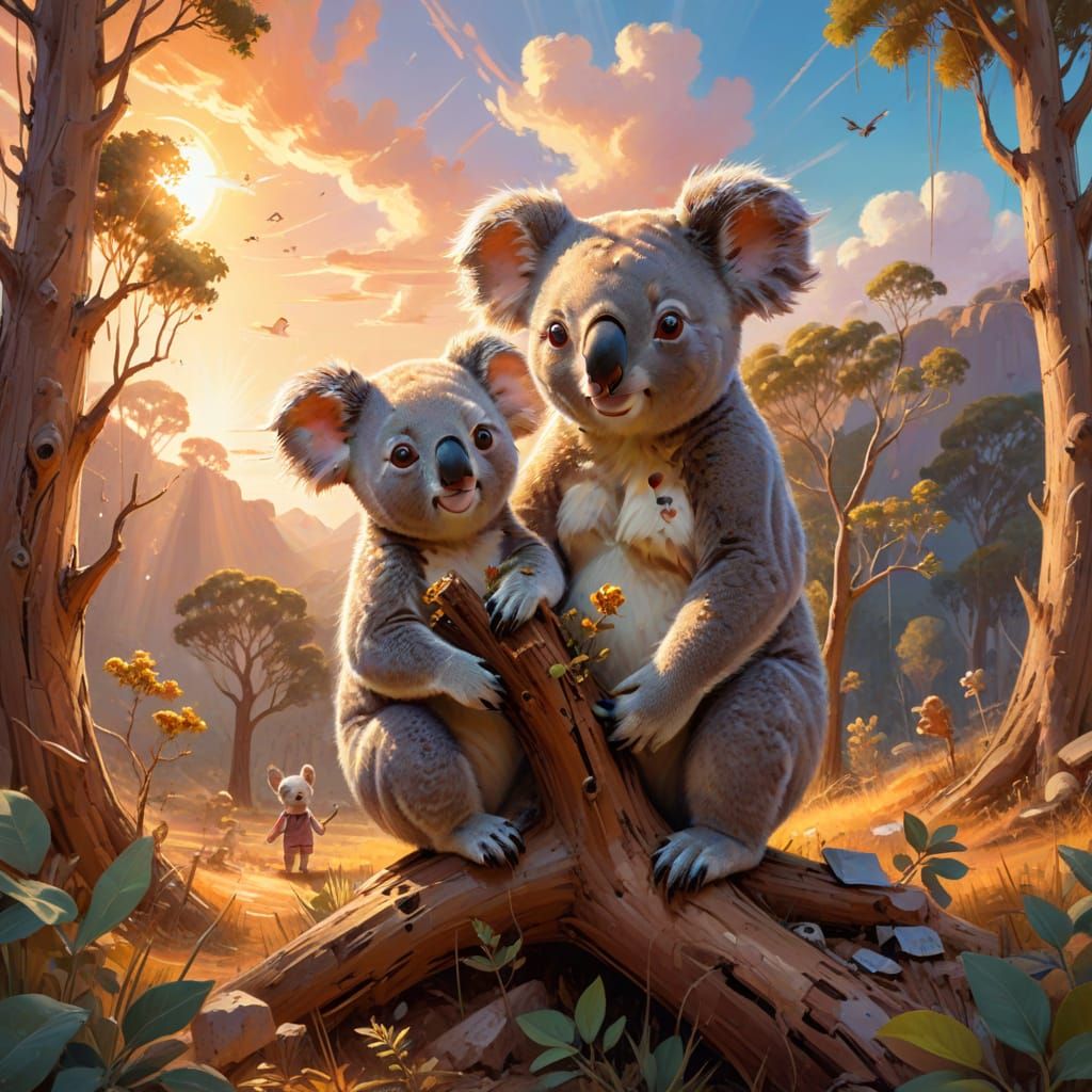 Whimsical Koala and Girl in Sunlit Landscape