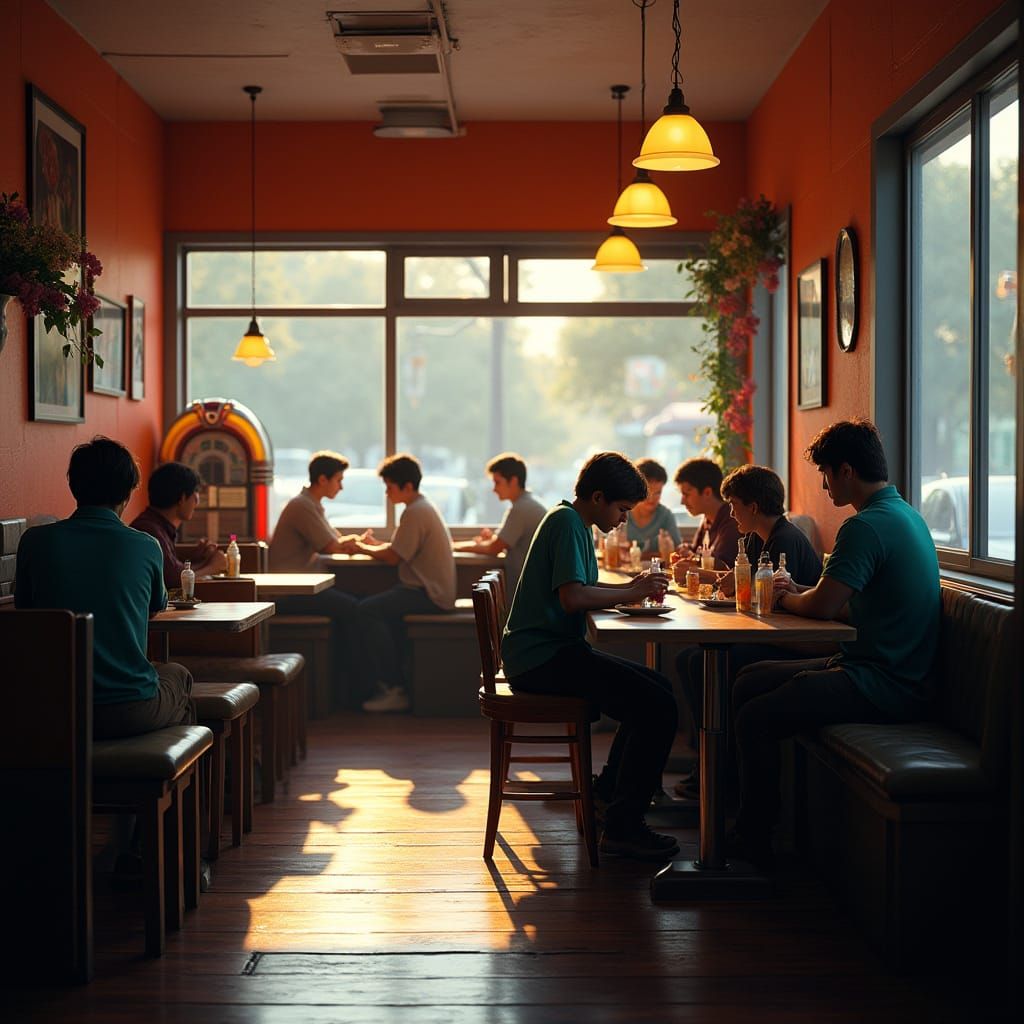 Cozy Ice Cream Shop with Jukebox, Hyperdetailed Digital Art