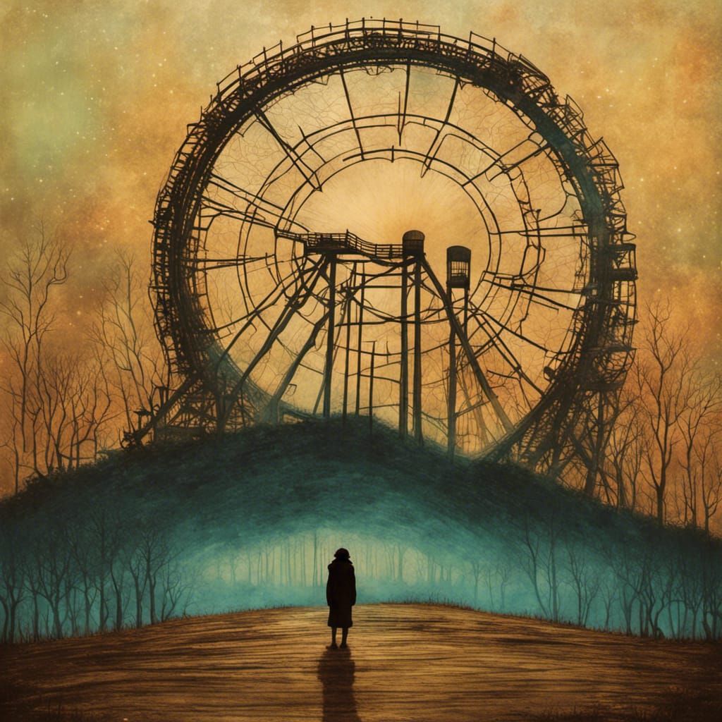 Traveler at Abandoned Roller Coaster: Dreamy Nostalgia