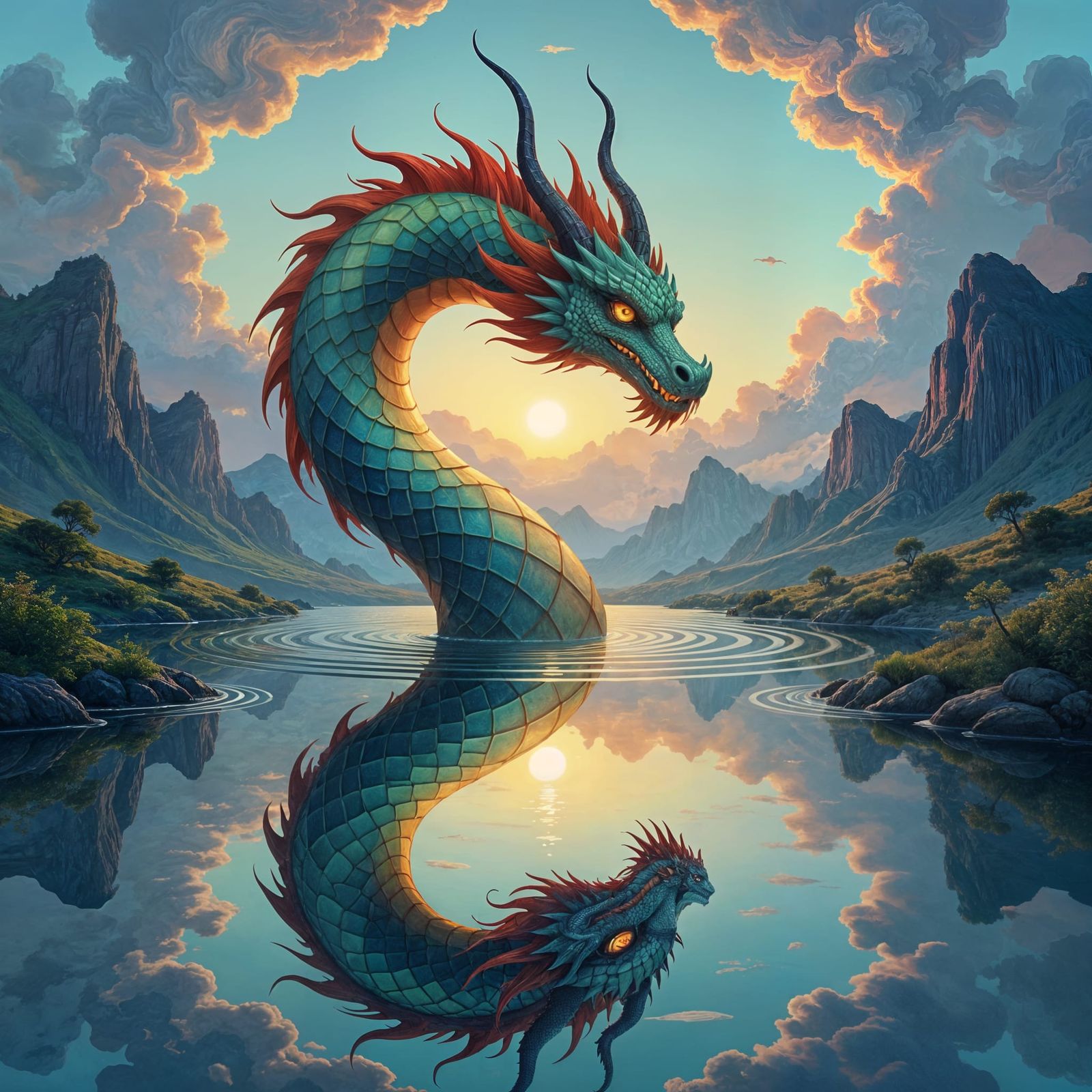 Celtic Knot Dragon in Mirrored Fractal Landscape