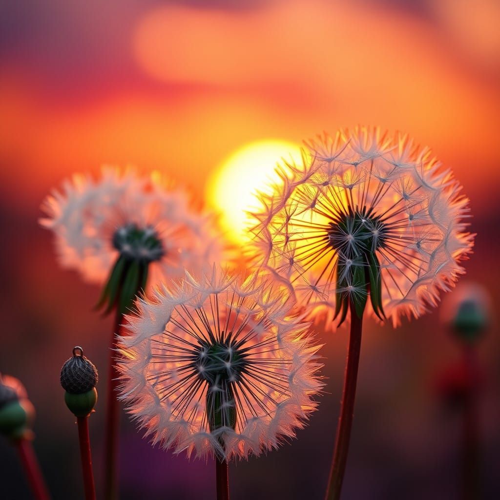 Delicate Dandelion Flowers in Warm Sunset Light