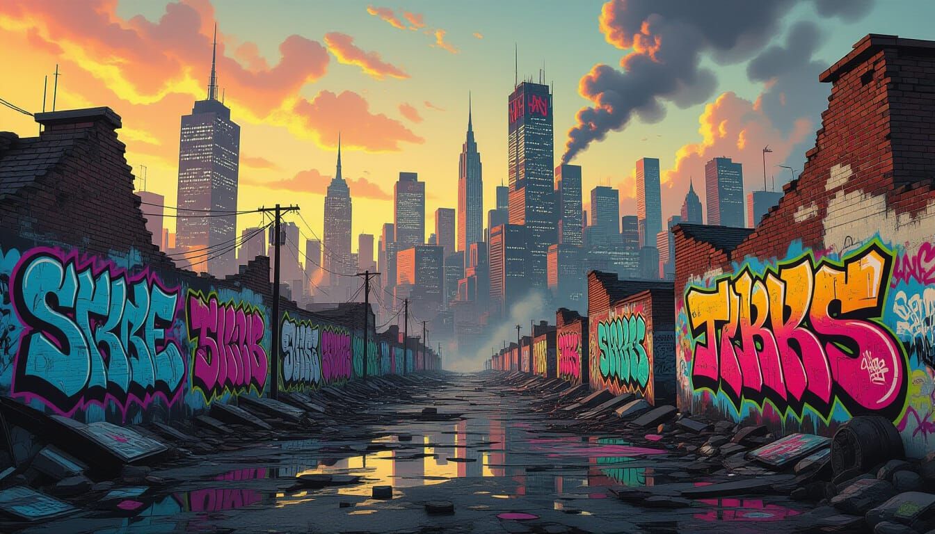 Apocalyptic Cityscape Graffiti Art in Mixed Media