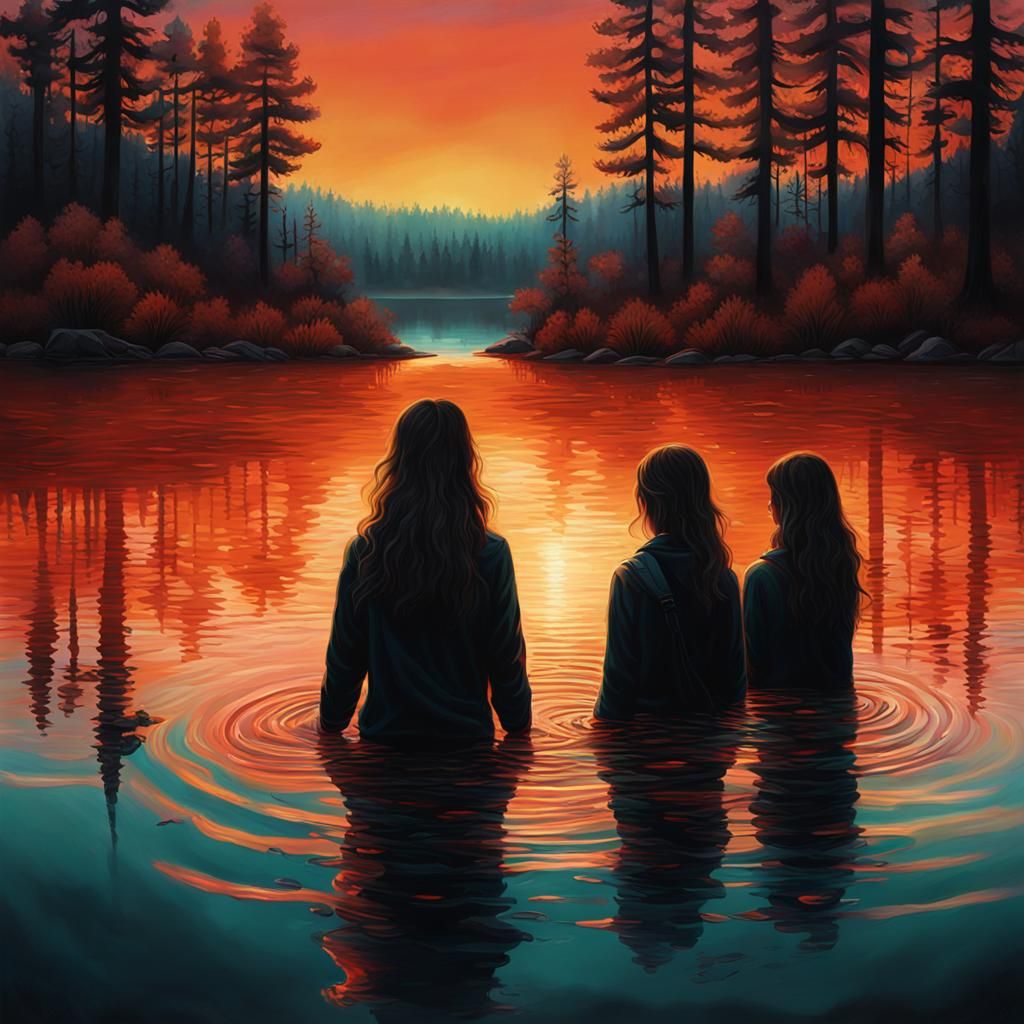 Women Enter Black Lake at Sunset: Dutch Masters Style