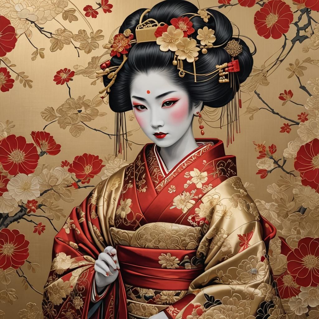 Geisha Portrait in Red and Gold Kimono