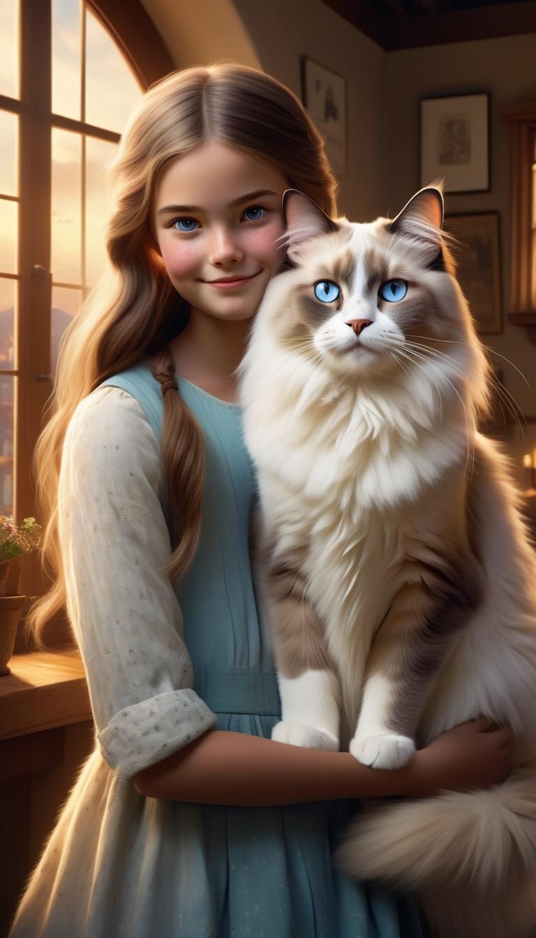 Giant Ragdoll Cat and Girl in Soft Light