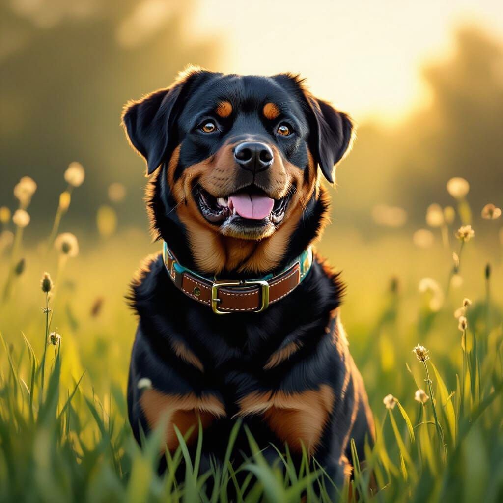 Majestic Rottweiler in Lush Meadow as Impasto Painting