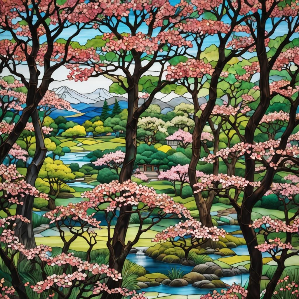 Stained Glass Oriental Garden with Cherry Trees