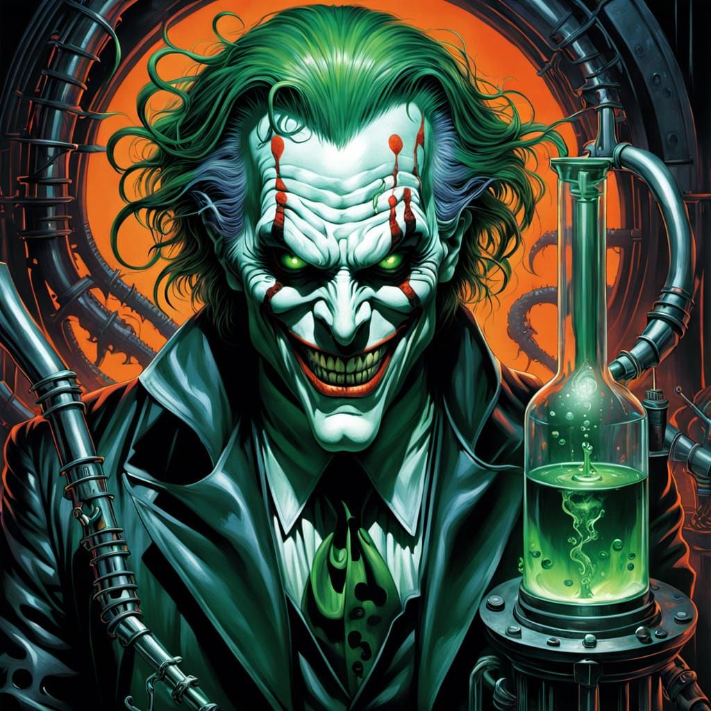 Mad Scientist Joker Hybrid in Eerie Cyberpunk Lab