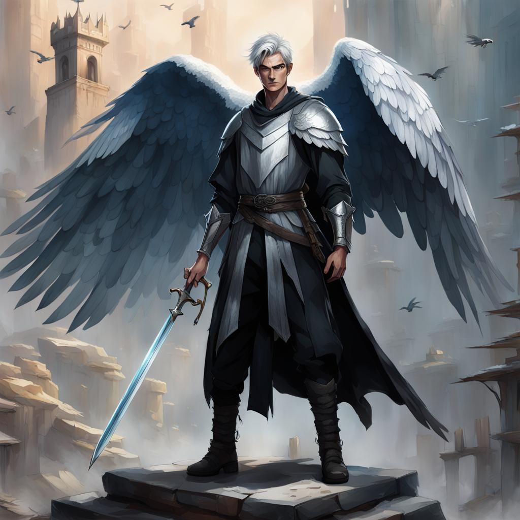 Winged Teenager in Heroic Pose, Frazetta Style