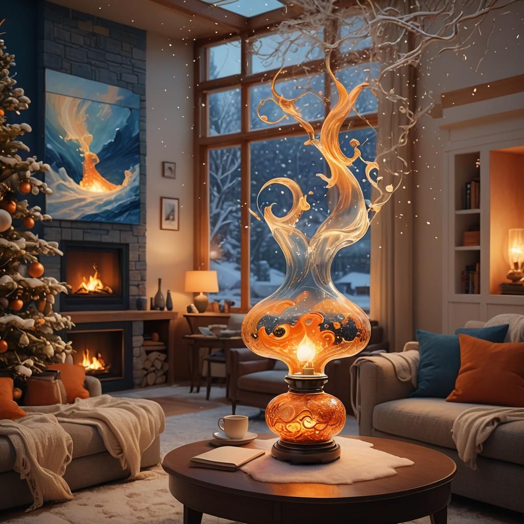 Glowing Wave Lamp in Cozy Winter Living Room