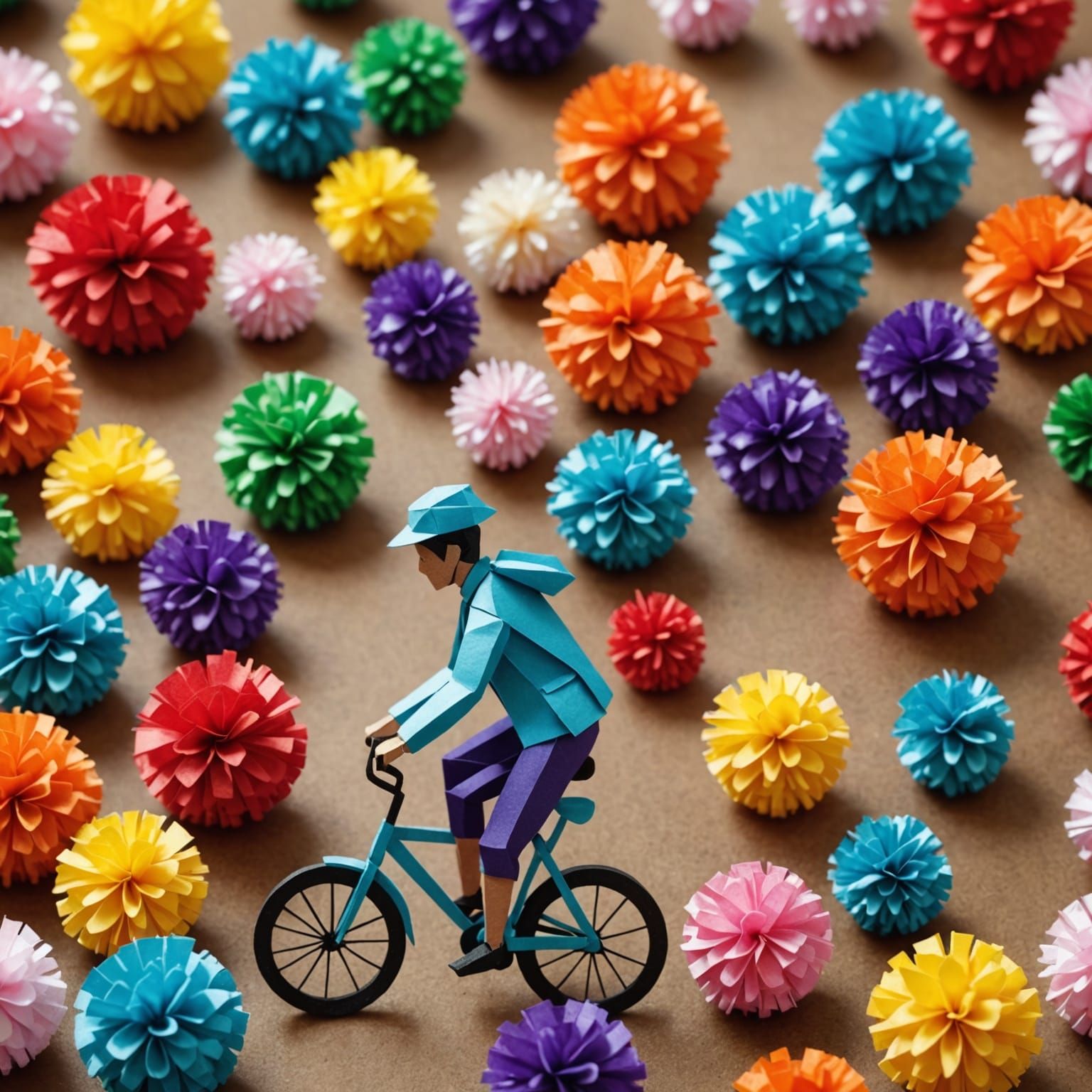 Colorful Pom Pom World with Origami Papercraft Cyclist