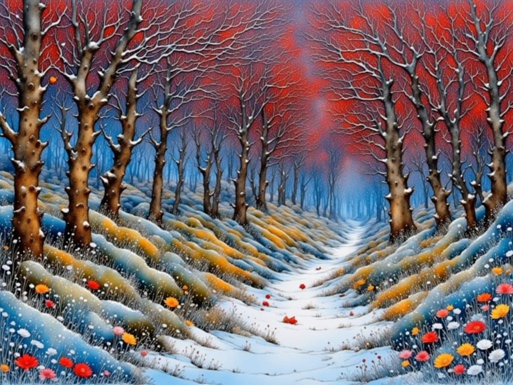 Vibrant Winter Florals Erupt in Frosty Dreamscape