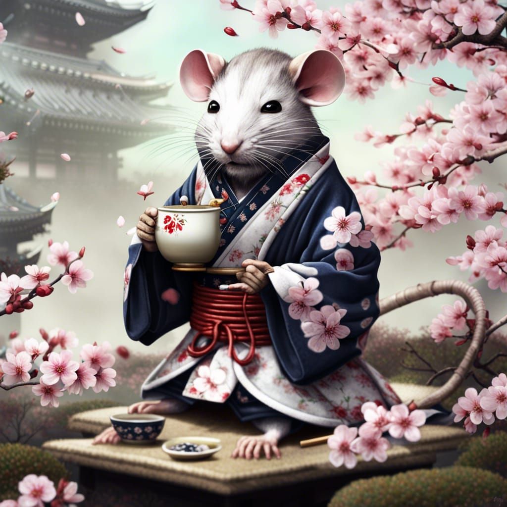 Samurai Rat Tea Ceremony in Cherry Blossom Garden