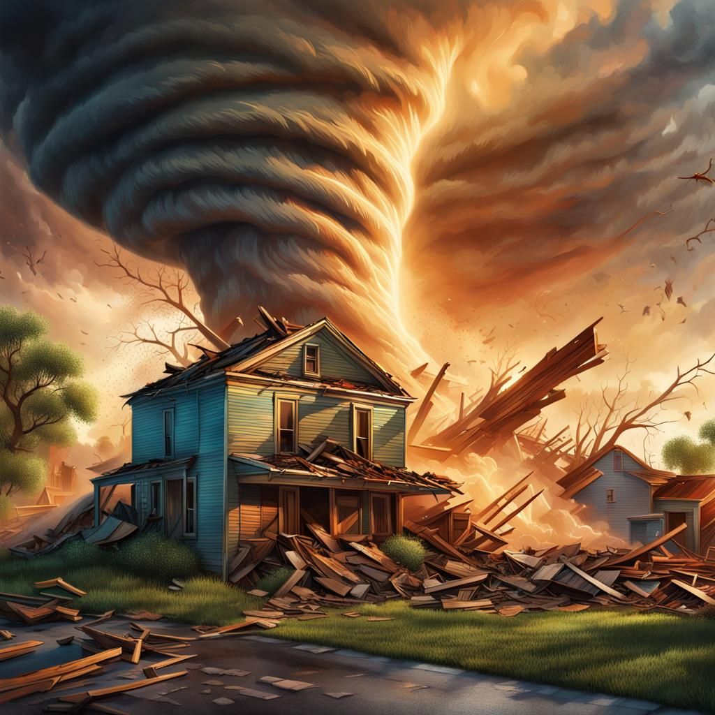 Tornado Destroys Building: Hyperrealistic Digital Illustrati...