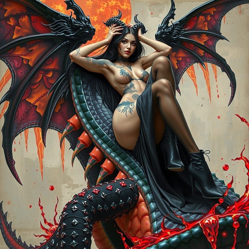 Demonic Queen on Dragon in Dark Fantasy Style