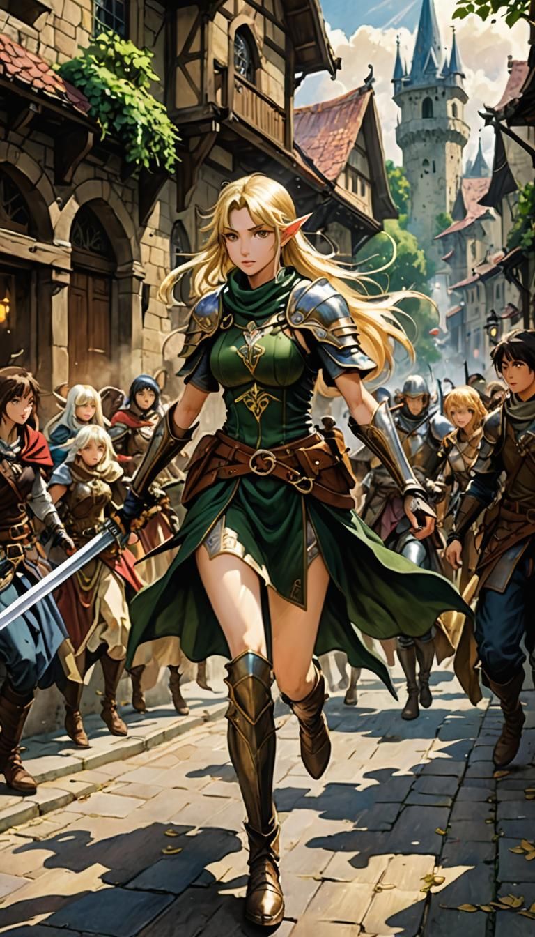 Dynamic Elf Chase Scene in Anime Style